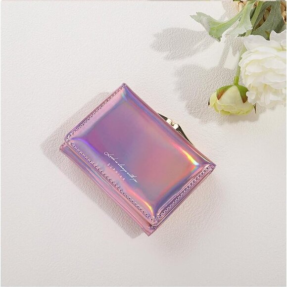 Small Wallet for Women Mini Laser Card Holder Case Iridescent Holographic Purse - Picture 2 of 8